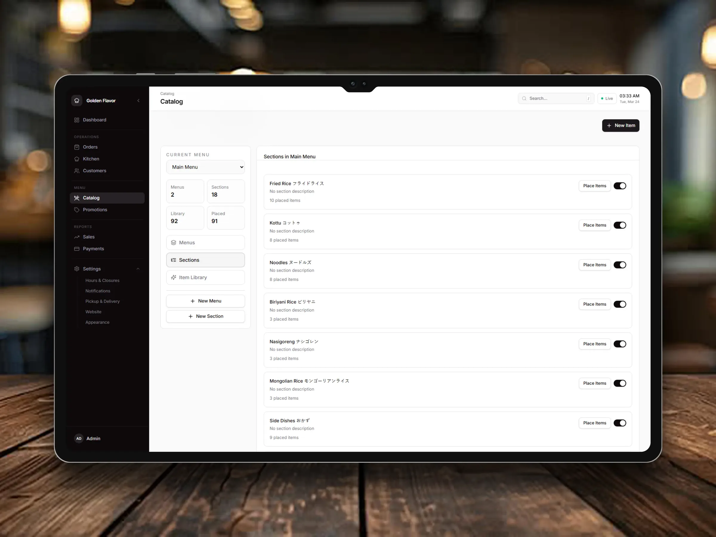 Golden Flavor catalog management dashboard