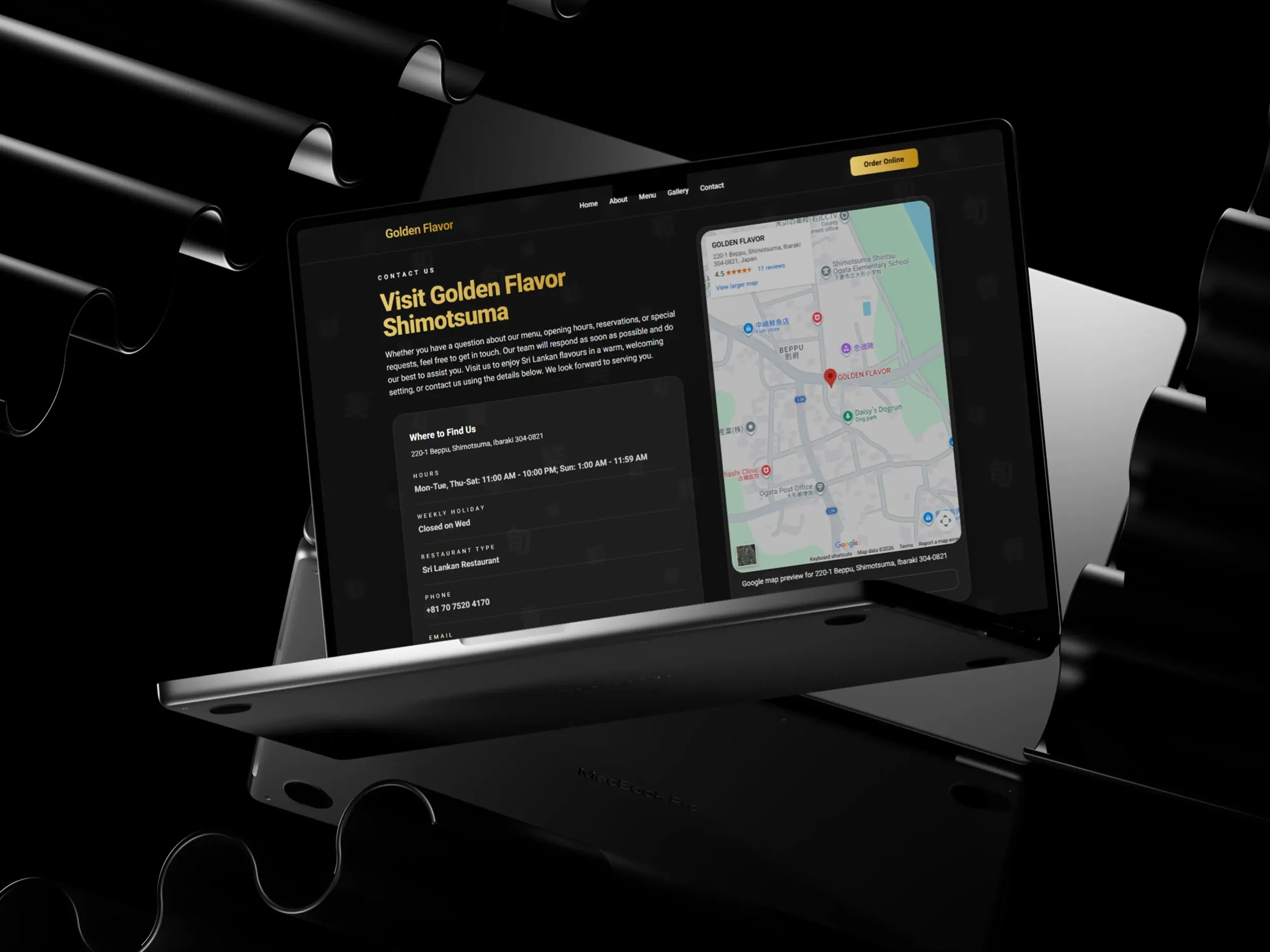 Golden Flavor contact page with Google Maps