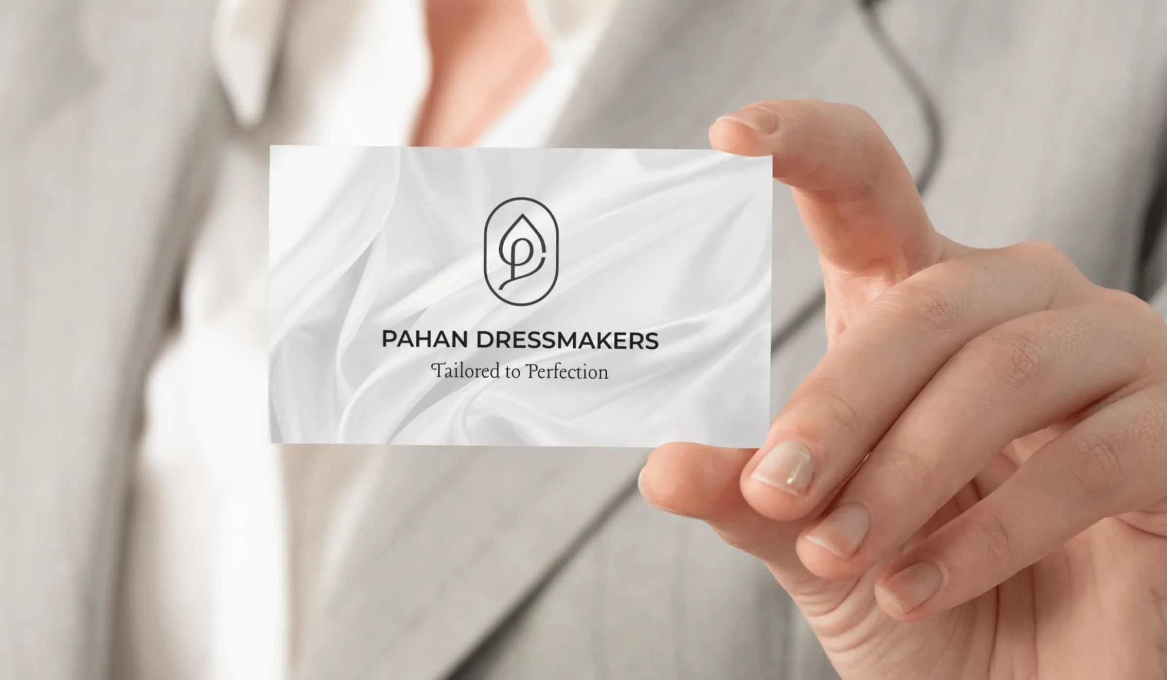 Pahan Dressmakers brand identity business card mockup