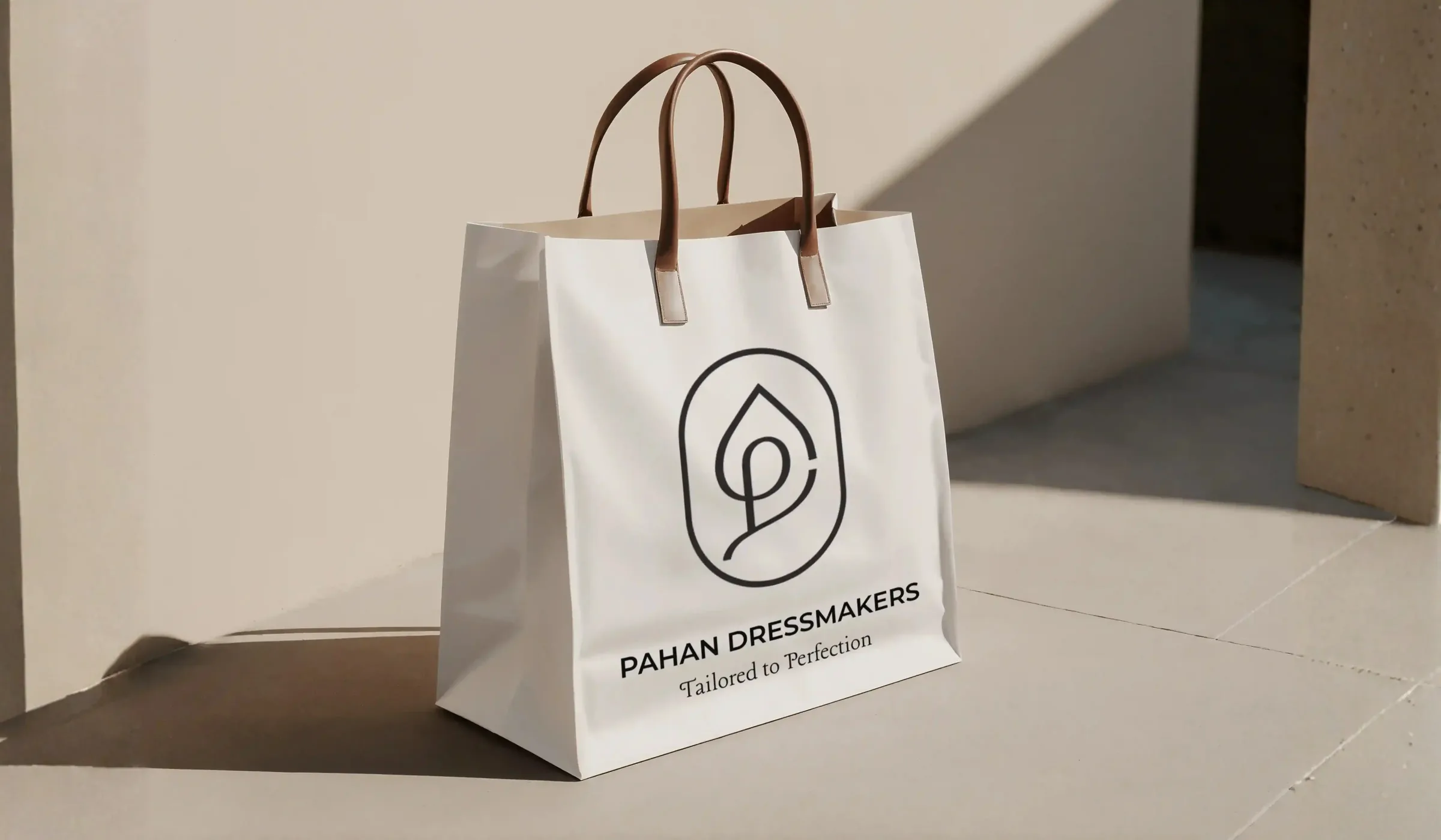 Pahan Dressmakers logo mockup on a branded shopping bag
