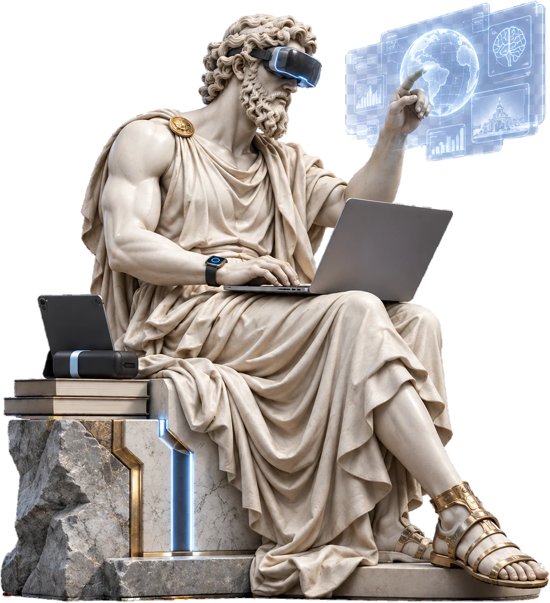Classical marble statue wearing a VR headset, working on a laptop beside holographic data panels